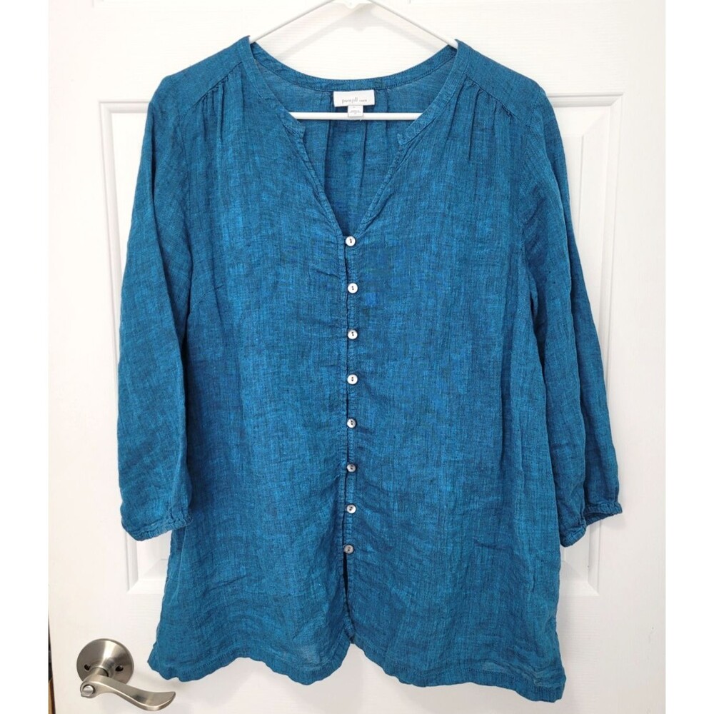 Pure Jill 100% Linen Teal Blue Button Front Blouse 3/4 Sleeves V-Neck Lagenlook